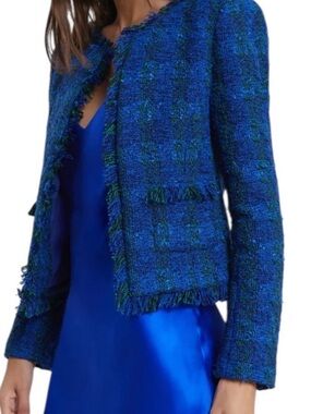 L'AGENCE Royal Blue & Green Tweed Fringe Jacket